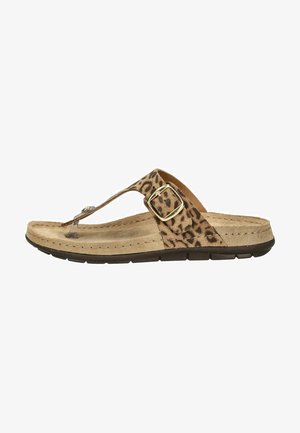 Brun sandal med leopardmønster, polstret sål, justerbar guldsnude og tårem mellem tæerne på en sort gummiydersål.