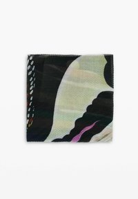 Buntes Seidentuch mit abstrakten Mustern in Schwarz-, Grün- und Rosatönen, mit wellenförmigen Rändern und glatter Textur.