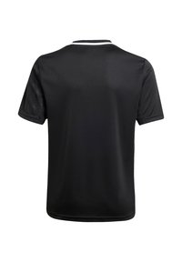 Maillot de sport noir à manches courtes avec un col rond et un motif texturé sur les manches. Fabriqué en tissu léger et respirant.