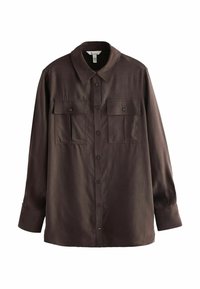 Long-sleeve, dark brown shirt made of smooth fabric, featuring a button-down front, collar, and two chest pockets with flap closures.