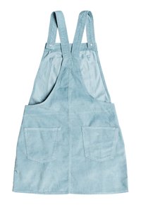 Světle modré denimové šaty s overall vzorem, nastavitelné popruhy, přední kapsy a jednoduchý design. Měkká textura a mírně volný střih.