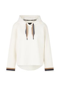 White hoodie with a ribbed texture on sleeves, featuring a hood and drawstrings with brown, navy, and beige stripes. Rounded hem detail.