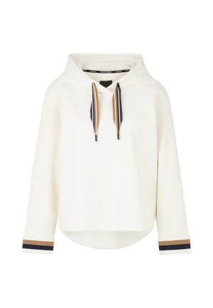 White hoodie with a ribbed texture on sleeves, featuring a hood and drawstrings with brown, navy, and beige stripes. Rounded hem detail.