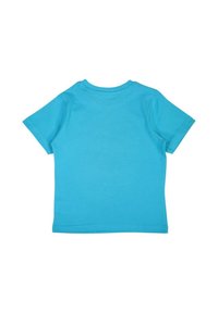 T-shirt turquoise à manches courtes en coton. Présente un col rond et un ourlet droit. Aucun graphisme ou motif visible.