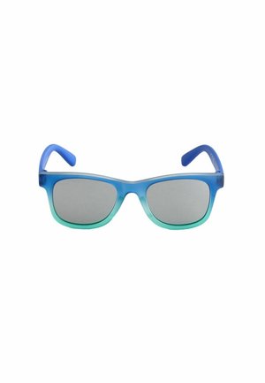 Blue to green gradient sunglasses with rectangular gray lenses and matching blue arms, shown against a white background.