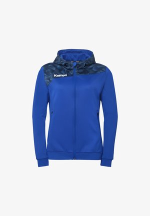 Blauw vest met rits en capuchon, met een donkerder, patroonrijk schouderpaneel en een wit "Kempa"-logo op de borst.