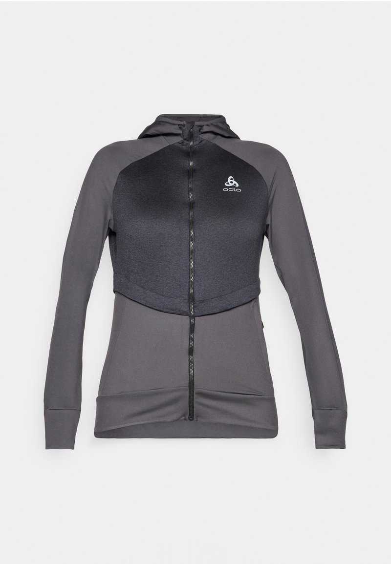 Grau zip-up Kapuzenpullover mit taillierter Passform, kontrastierendem schwarzen oberen Bereich, langenÄrmeln und einer Kapuze. Mit einem Logo auf der Brust und glatter Textur.