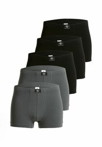Five pairs of boxer briefs in dark gray and black. Made of smooth fabric, they feature an elastic waistband and branded labels on the front.