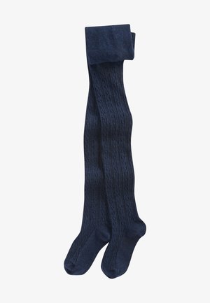 Collants côtelés bleu foncé avec un motif de tricot texturé, présentant une taille repliée et des orteils renforcés pour plus de durabilité.