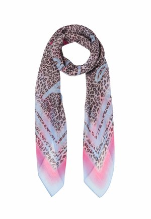 Leopardenmuster-Schal mit blauen und rosa Farbverlaufakzenten, aus leichtem Stoff gefertigt, mit einem Chevron-Detail und weicher Textur.