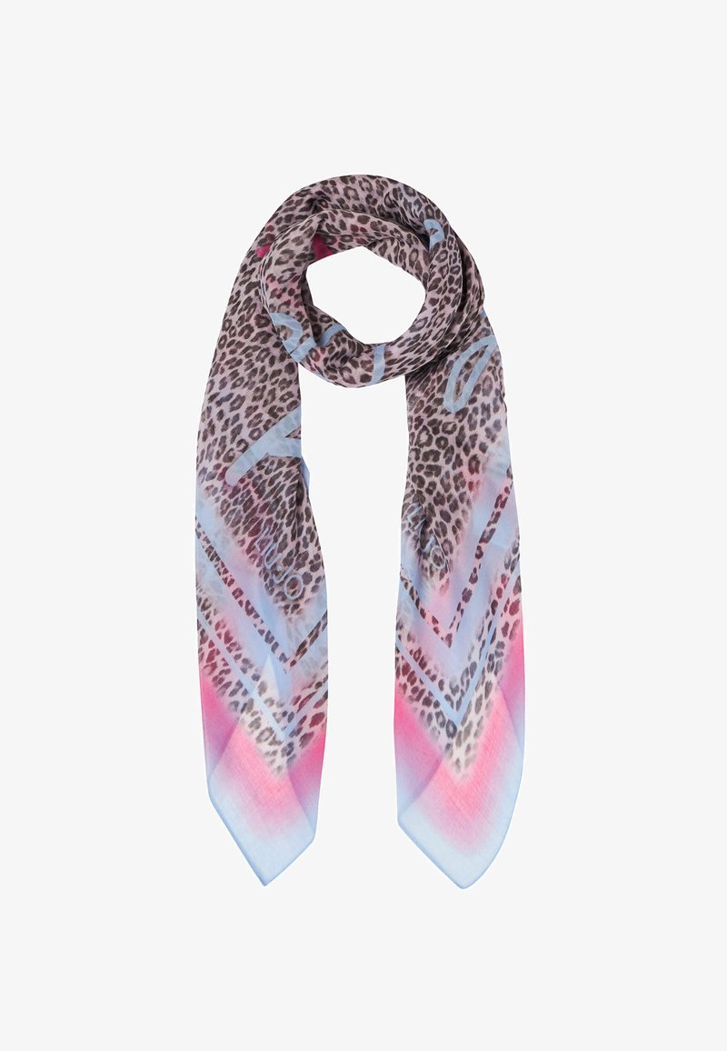 Sciarpa con stampa leopardata arricchita da accenti in degradè blu e rosa, realizzata in tessuto leggero, con dettaglio a chevron e texture morbida.