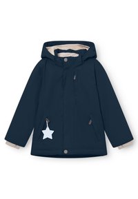 Laika sininen vedenpitävä takki, jossa on irrotettava huppu, cream-väri vuori ja tähti-tyylinen yksityiskohta vasemmassa taskussa. Varustettu nappeilla ja vetoketjulla suljettavaksi.