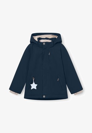 Veste imperméable bleu marine avec capuche amovible, doublure crème et accent en forme d'étoile sur la poche gauche. Comprend des fermetures à pression et à glissière.