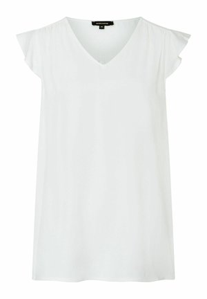 Hvid kortærmet bluse med V-udskæring og let flæsekant på skulderærmerne, størrelse 36, mærket "MORE & MORE".