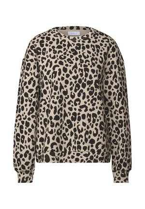 Leopard-print sweatshirt in beige and black. Features a crew neckline, long sleeves, and ribbed cuffs and hem. Soft fabric texture.