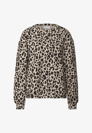 Sudadera con estampado de leopardo en beige y negro. Presenta cuello redondo, mangas largas y puños y dobladillo acanalados. Textura de tela suave.