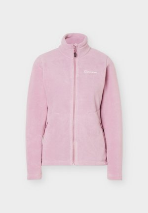 Svetloružová mikina z flísu s celopredným zipsom, stojatým golierom, dvoma bočnými vreckami na zips a malým bielym logom na ľavej strane hrudníka.