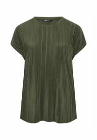 Olivgrön plisserad topp med korta ärmar, rund halsringning och en avslappnad passform. Tyget har en slät yta och ett vertikalt randmönster.