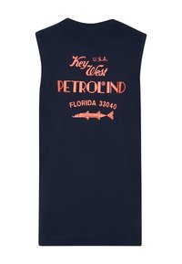 Granatowy bezrękawnik z bawełny z koralowym napisem "Key West", "PETROLIND" oraz "FLORYDA 33040" z graficznym motywem ryby.