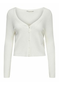 Biała żeberkowana krótka kardigan z długim rękawem, z dekoltem w serek i pięcioma guzikami z przodu, wykonana z lekkiego materiału.