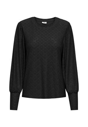 Zwarte longsleeve top van gestructureerde stof met een gemusterde uitstraling, voorzien van een ronde hals en pofmouwen.