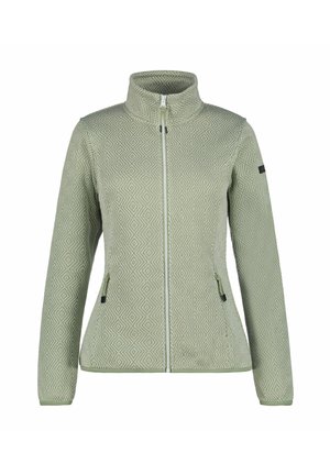 Jasnozielona kurtka zapinana na zamek błyskawiczny z geometrycznym wzorem, wysokim kołnierzem, długimi rękawami i zamykanymi na zamek błyskawiczny bocznymi kieszeniami.