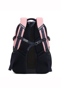 Rugzak met bovenkant in roze en onderkant in donker marineblauw. Beschikt over gevoerde schouderbanden, een mesh achterkant voor ventilatie en verstelbare zijgespen.