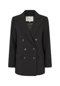 Blazer nero doppiopetto con grandi bottoni, rever a punta e due tasche frontali. Realizzato in tessuto strutturato con una texture liscia.