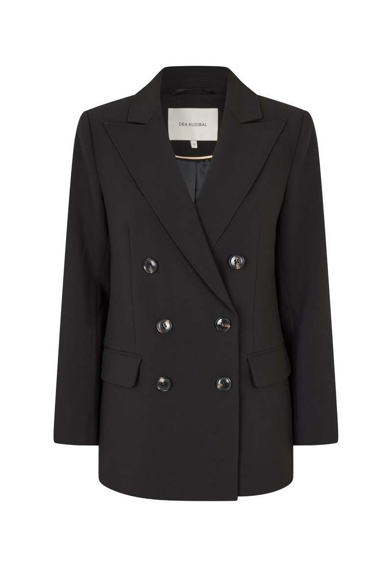 Blazer nero doppiopetto con grandi bottoni, rever a punta e due tasche frontali. Realizzato in tessuto strutturato con una texture liscia.