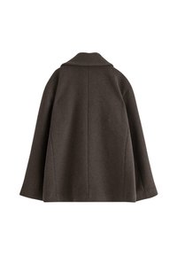 Cappotto di lana marrone con un ampio colletto, spalle basse e vestibilità rilassata. Texture semplice senza motivi o accenti visibili.