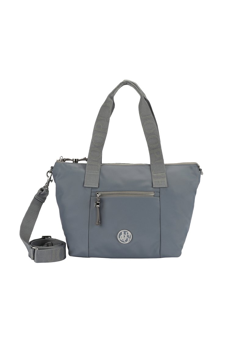 Borsa tote in nylon grigia con doppi manici e tracolla staccabile. Presenta una tasca frontale con zip e un accento in metallo del logo.