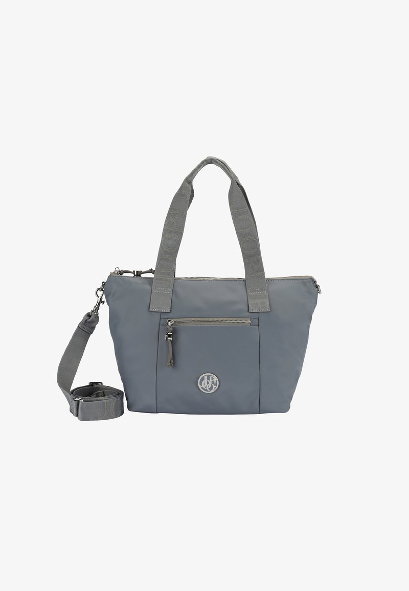 Borsa tote in nylon grigia con doppi manici e tracolla staccabile. Presenta una tasca frontale con zip e un accento in metallo del logo.