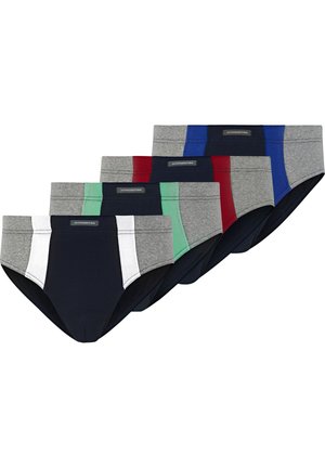 Fünf Paare aus Jersey-unterhosen in verschiedenen Farben: Marineblau, Grau, Grün, Rot und Blau. Jede hat kontrastierende Seiteneinsätze und elastische Taillenbänder.