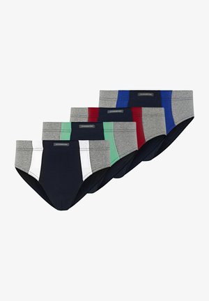 Five pairs of jersey-knit briefs in various colors: navy, gray, green, red, and blue. Each features contrasting side panels and elastic waistbands.