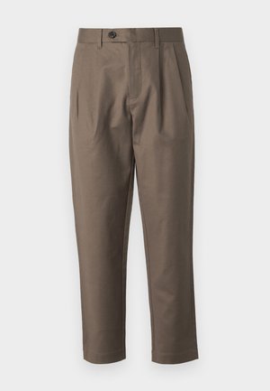 Brown, tailored trousers with a flat front, two side pockets, and a button closure. Smooth, lightweight fabric with a straight leg design.