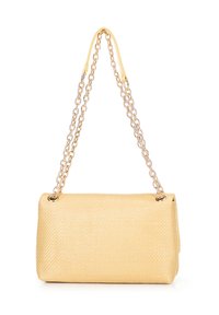 Yellow textured handbag with a rectangular shape, featuring a gold chain strap and a woven fabric finish.