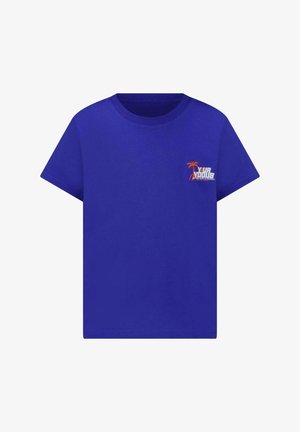 Blauw katoenen T-shirt met korte mouwen, voorzien van een kleine oranje palmboom en gestileerde tekst op het linkerborstgebied. Rondhals design.
