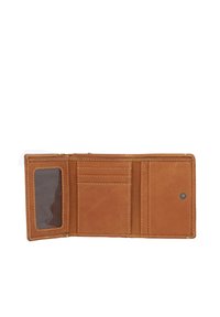 Geöffnete braune Lederbrieftasche mit klarem Sichtfenster für Ausweis, drei Kartenfächern, einem Geldscheinfach und einem Druckknopf-Münzfach.