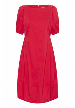Red short-sleeved dress with a square neckline, made of smooth fabric. Features a flowy design and a gathered hem with a back zipper closure.