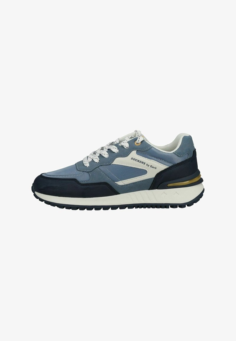 Baskets bleues et noires avec des lacets blancs, une semelle blanche et le logo "DOCKERS by Gerli" sur le côté.