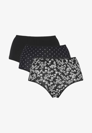 Set aus drei Paar Damenunterwäsche: eines in uni Schwarz, eines in Schwarz mit weißen Punkten und eines in Schwarz mit floralem Muster in Weiß. Weicher Stoff.