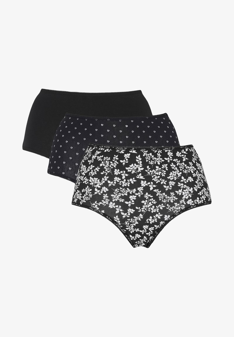 Set med tre par kvinnligt underkläder: ett par helt svart, ett svart med vita prickar, ett svart med blommönster i vitt. Mjuk tyg.