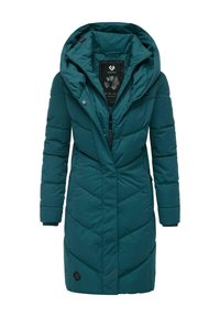 Teal puffer coat with a hood, featuring a diagonal quilted pattern, front zipper, and side pockets. Soft, insulated material.