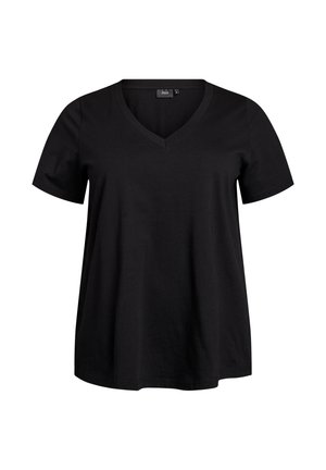 T-shirt noir à manches courtes et décolleté en V, confectionné dans un tissu doux. Coupe décontractée avec une texture lisse et sans motifs ni accents visibles.