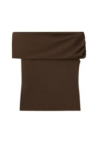 Jupe tube en maille marron foncé avec une large ceinture pliée et une texture lisse.