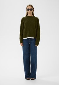 Olīvu zaļš adīts džemperis ar apaļu kakla izgriezumu, nēsāts virs baltas kreklveida blūzes. Apvienots ar brīvu zilo denimu biksēm un melniem sandaliem ar atvērtu purngalu.