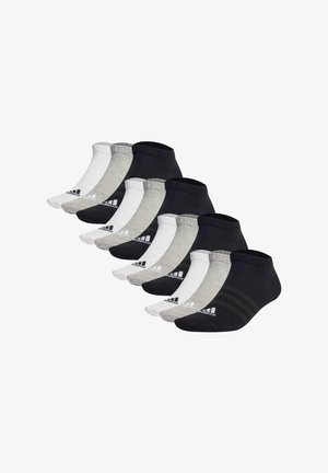 Juego de 10 calcetines tobilleros en negro, gris y blanco. Material mezcla de algodón, logo de la marca en el lateral, patrones y colores variados.