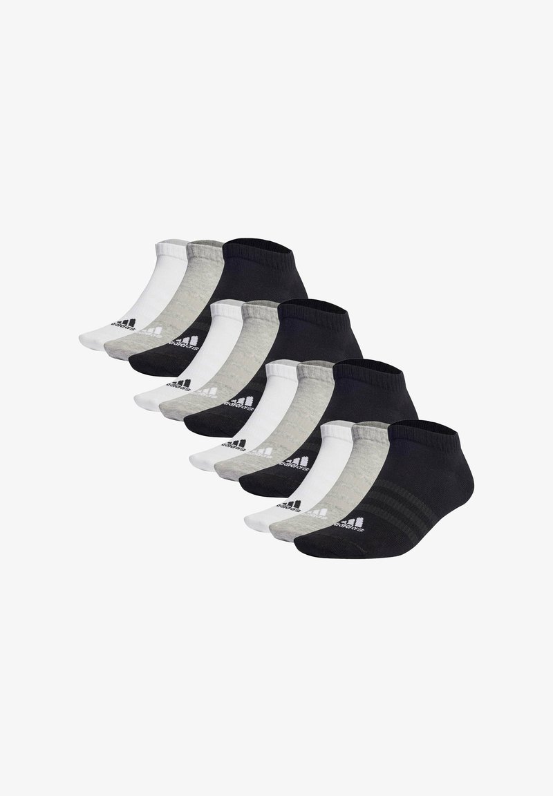 Zestaw 10 par skarpetek ankle w kolorach czarnym, szarym i białym. Materiał z mieszanki bawełny, logo marki na boku, różnorodne wzory i kolory.