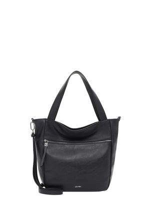 Sac à main en cuir noir avec une texture lisse, comportant une poche avant zippée, des doubles poignées et une bandoulière amovible.
