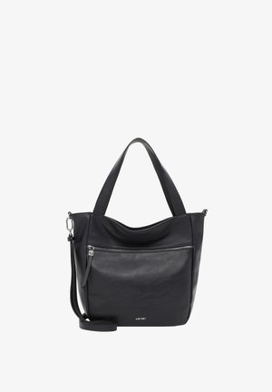 Black leather handbag with a smooth texture, featuring a zippered front pocket, dual shoulder straps, and a detachable crossbody strap.